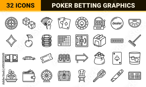 Casino Gambling Linear Graphics: High-End Monoline Poker Symbols for Professional Betting UI and Digital Gaming Applications.