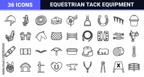 Equestrian Sports and Horse Care Equipment Monoline Outlines. Professional Minimalist Tack and Stable Management Symbols for Digital Design.