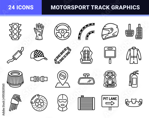 Professional Karting and Go-Kart Racing Monoline Symbols featuring Minimalist Technical Line Art for Motorsport Track and Pit Crew Utility