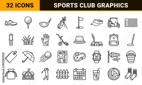 Golf Tournament and Equipment Line Art Symbols featuring Minimalist Professional Club, Ball, and Course Navigation Graphics in Monoline Style