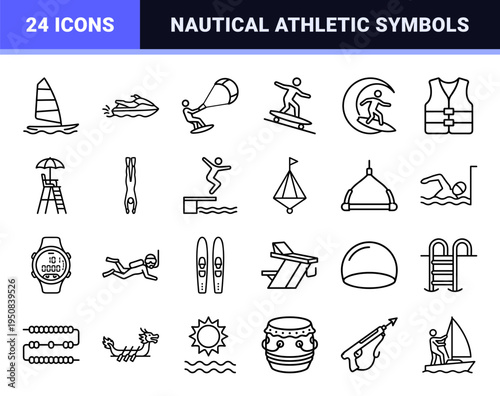 Competitive Water Sports and Nautical Athletics Monoline Outline Symbols for Professional Regatta Branding and Summer Games App Interfaces