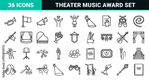 Performance Arts and Ceremonial Event Symbols featuring Minimalist Monoline Outlines for Awards, Music, and Theater Branding.