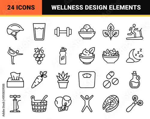 Wellness and Nutrition Monoline Graphic Symbols featuring Minimalist Outline Art for Healthy Lifestyle Tracking and Fitness Apps.