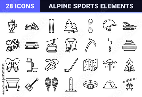 Alpine Winter Sports and Ski Resort Technical Monoline Symbols. Minimalist Outline Style for Seasonal Recreation and Mountain Tourism Graphics.