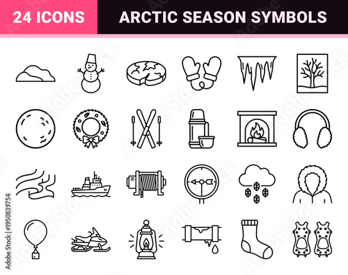 Winter Season and Arctic Nature Monoline Outline Symbols Featuring Snowflake Snowman Ice Floe and Mountain Landscape Graphics