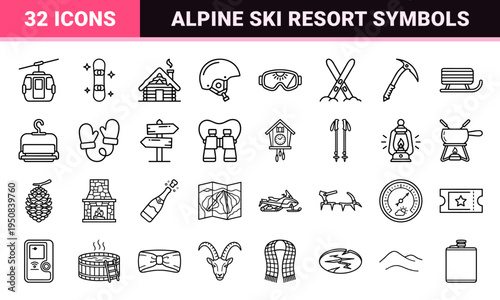 Winter Sports and Mountain Lodge Monoline Icons Featuring Minimalist Gondola, Skiing, Snowboarding, and Alpine Cabin Symbols in 1.25pt Line Weight.