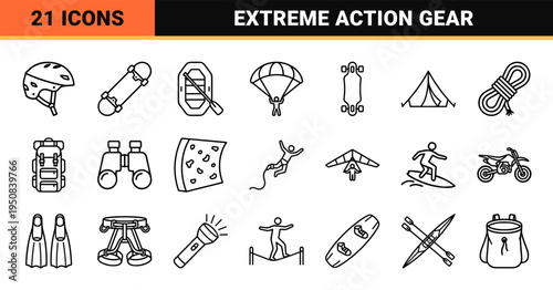 Extreme Sports and Adventure Activity Linear Symbols. Monoline Minimalist Outlines for Outdoor Recreation, Fitness, and Action Gear Assets.