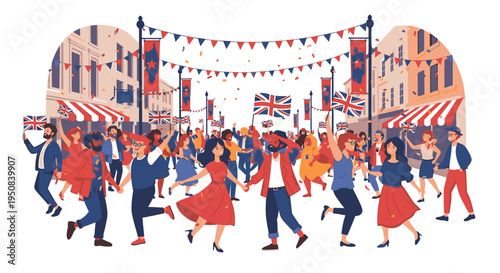 Illustration of a lively crowd dancing on a street with British flags and bunting in a colorful, festive atmosphere with a joyful mood.