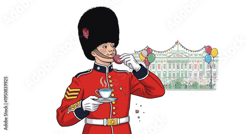Illustration of a British guard in a red uniform drinking tea with a white cup and saucer in front of a large building with balloons