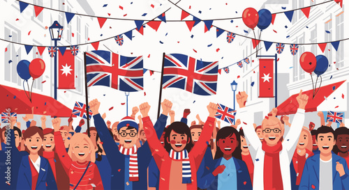 Illustration of a diverse crowd celebrating with Union Jack flags and bunting in a festive street scene with a joyful mood.