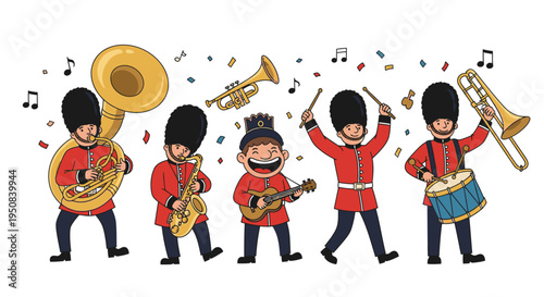 Illustration of British guards in red uniforms playing various musical instruments with confetti and notes on a white background.