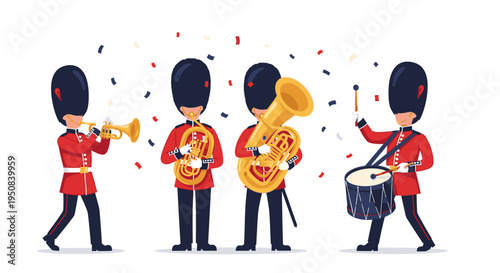 Illustration of four British guardsmen in red uniforms playing musical instruments with confetti on a white background.