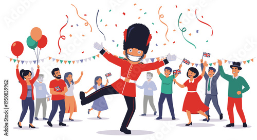 Illustration of a British guard celebrating with a group of people, surrounded by colorful confetti and balloons on a white background.