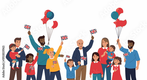 Illustration of a diverse group of people holding balloons and flags in a colorful, celebratory scene against a clean white background.