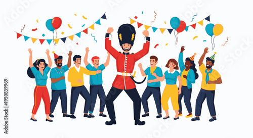 Illustration of a diverse group celebrating with a marching band leader, balloons, and streamers on a white background with a joyful and festive mood.