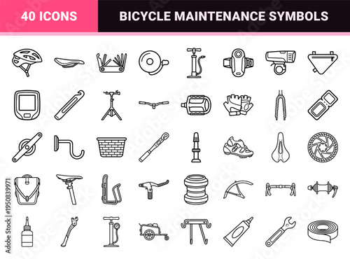 Cycling Equipment Monoline Graphics for Urban Commuting and Mountain Bike Maintenance Featuring Technical Outlines and Minimalist Geometry