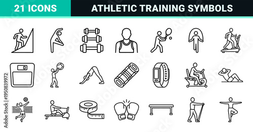 Fitness Training and Athletic Wellness Monoline Outlines featuring Minimalist Gym Equipment and Human Activity Symbols in Neo-Line Art Style