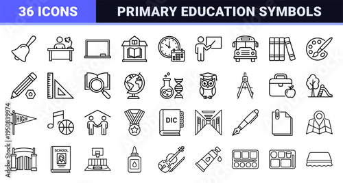Handdrawn Academic Education Monoline Symbols Featuring Back to School Elements in Minimalist Black Outline Technical Style