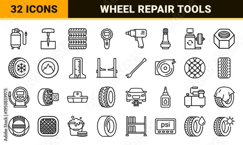 Automotive Tire Service and Wheel Maintenance Technical Monoline Icons featuring Minimalist Rubber Tread and Repair Shop Equipment Symbols