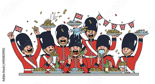 Illustration of cartoon British soldiers enjoying a meal with festive bunting and food in a celebratory atmosphere.