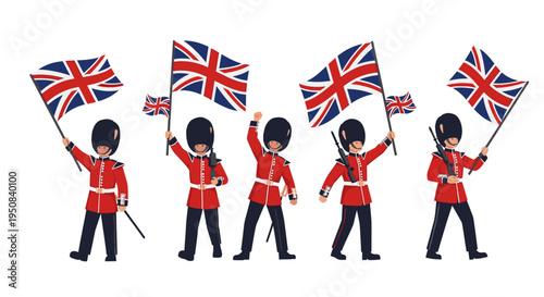 Illustration of five British guards in red uniforms holding Union Jack flags in various poses on a white background.