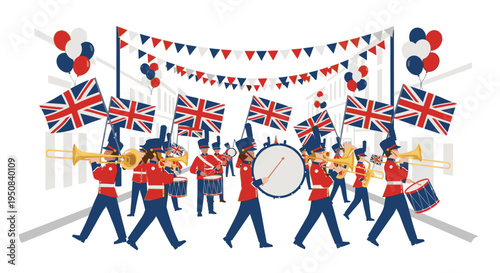 Illustration of a marching band in British military uniforms carrying flags and musical instruments under a festive bunting with Union Jacks and balloons on a white background.