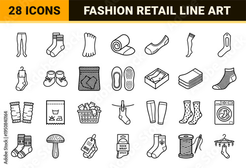 Professional Hosiery and Footwear Apparel Monoline Symbols featuring Technical Outlines for Retail Inventory and Garment Care Instruction