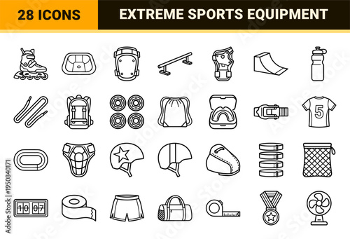 Professional Extreme Sports Gear and Inline Skating Equipment Monoline Outline Symbols Featuring Roller Skates Protective Pads and Skatepark Tools