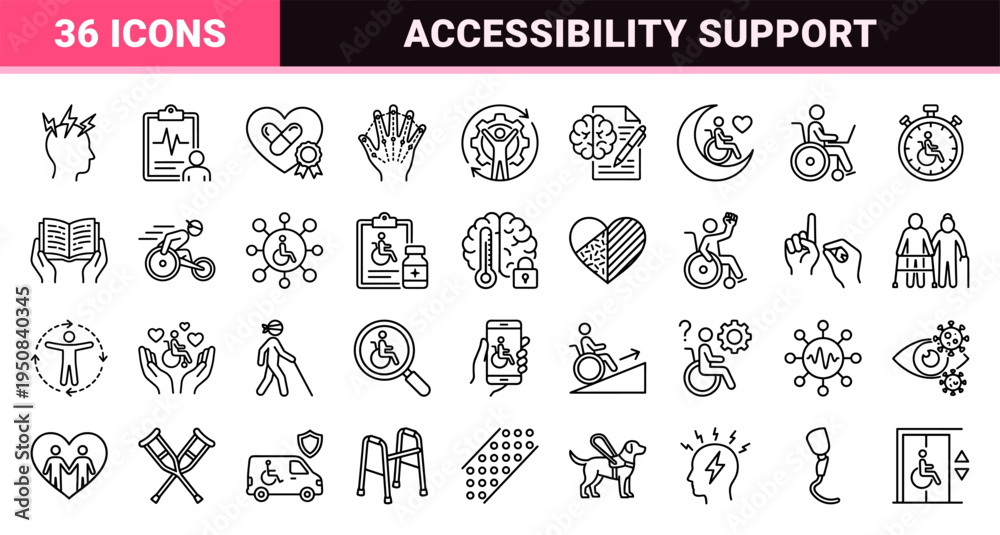 Fototapeta premium Accessibility and Disability Support Monoline Outline Icons featuring Inclusive Healthcare Symbols for Neurodiversity Mobility and Sensory Impairment