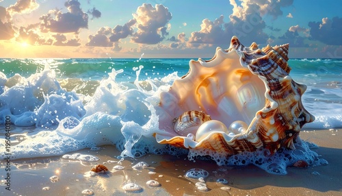Ocean scene featuring large shell on beach, waves crashing, pearls inside, sunset in distance