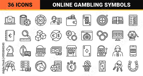 Online Gambling and Sports Betting Monoline Outline Icons featuring Casino Games, Poker Elements, and Wagering Symbols in Sleek Technical Style