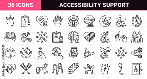 Accessibility and Disability Support Monoline Outline Icons featuring Inclusive Healthcare Symbols for Neurodiversity Mobility and Sensory Impairment