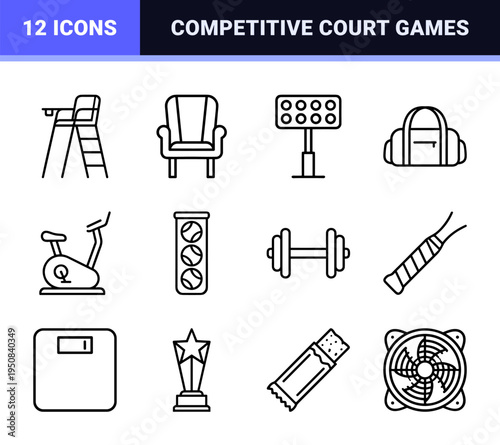 Competitive Racket Sports and Athletic Equipment Technical Monoline Symbols for Tournament Branding and Professional Fitness App Interface Design