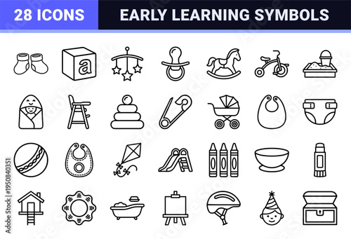 Childhood Development and Youth Education Monoline Icons. Minimalist Parenting and Early Learning Symbols for Commercial Digital Interfaces.
