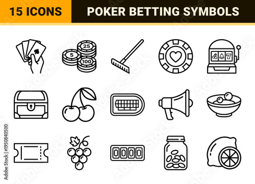 Casino Gambling and Poker Tournament Monoline Outline Symbols Featuring Gaming Chips Suit Marks and Slot Machine Elements in Neo-Line Style