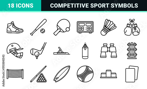 Competitive Sports and Athletic Training Technical Monoline Symbols with Minimalist 1.25pt Uniform Line Weight and High Visual Legibility