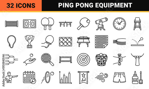 Table Tennis Equipment and Ping Pong Competition Monoline Outlines for Sports Analytics and Tournament Branding Interfaces