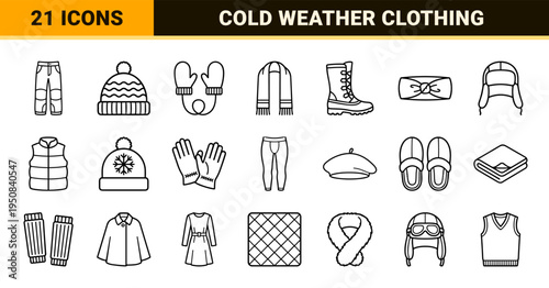 Winter Apparel and Cold Weather Clothing Monoline Symbols featuring technical line art for seasonal fashion retail and outdoor gear catalogs.
