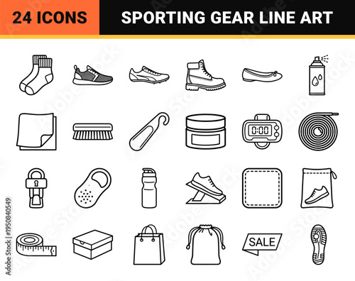 Minimalist Athletic Footwear Monoline Symbols Featuring Performance Sneakers Sports Boots and Shoe Care Accessories in Refined Black Outlines