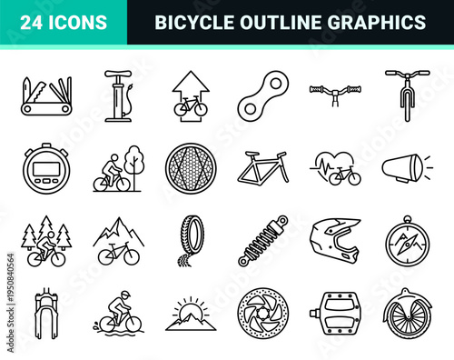 Urban Cycling and Mountain Trail Adventure Monoline Symbols featuring Technical Minimalism for Commuting and Outdoor Sports Navigation Graphics