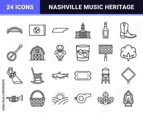 Tennessee State Heritage and Nashville Culture Symbols; Technical Monoline Outline Elements for Southern United States Travel and Tourism Branding.
