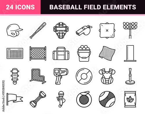 Professional Baseball Equipment and Stadium Athletics Monoline Outline Symbols Featuring Refined Minimalist Aesthetic for Sports Information Design.