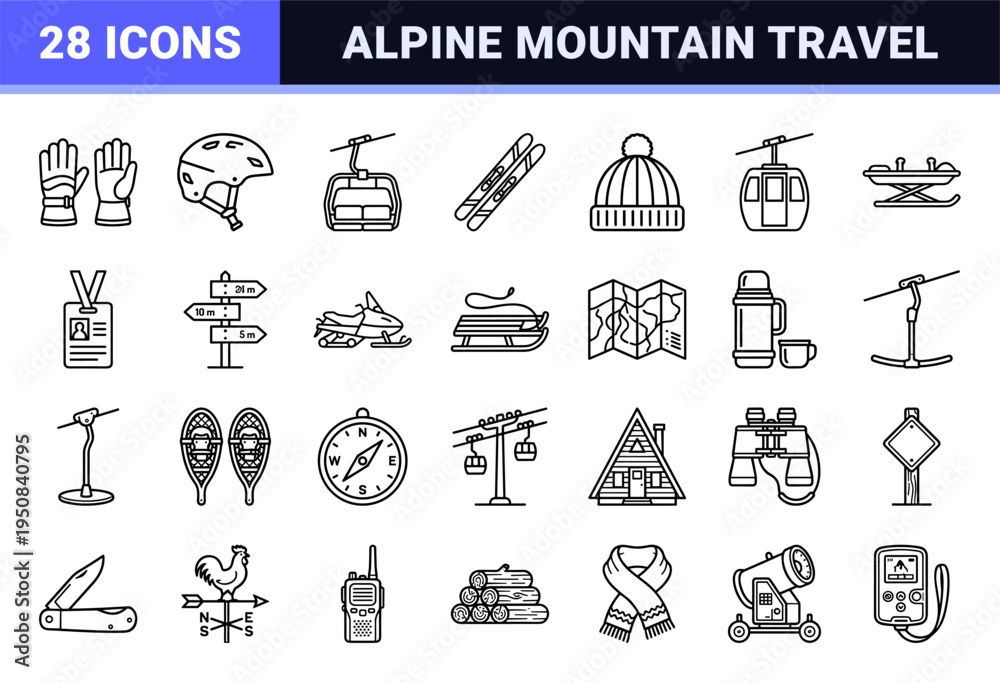 Fototapeta premium Alpine Winter Sports and Mountain Resort Infrastructure Monoline Outline Symbols for Technical Mapping and Travel Signage Utility.