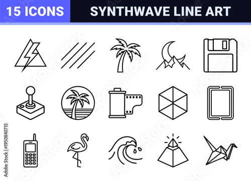Synthwave aesthetic technical monoline symbols for retro graphic design and eighties themed digital interfaces with sleek minimal outlines.