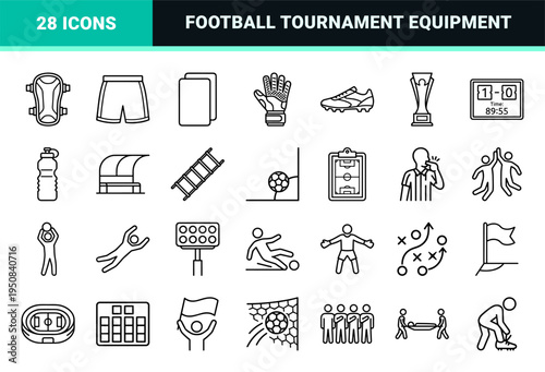 Global Football Tournament and Professional Soccer Equipment Minimalist Outline Symbol Set with Technical Monoline Style