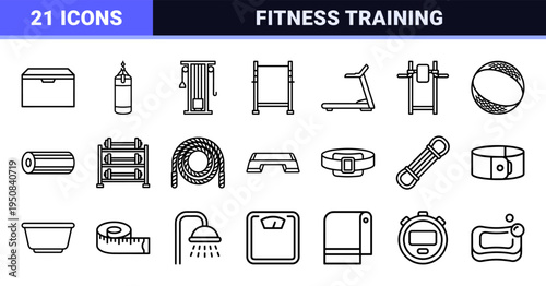 Minimalist Monoline Fitness Equipment and Gym Training Symbols for Athletic Branding and Bodybuilding Interface Design