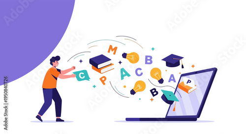 A student interacts with a laptop, symbolizing online learning and education, with letters, books, and graduation caps floating out, representing knowledge and academic achievement.