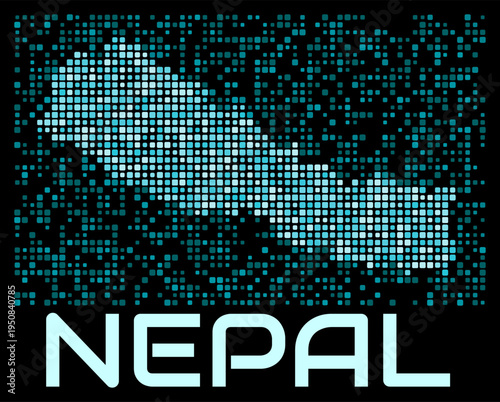 Nepal digital dotted map. Shape of the country in cyan color palette on dark background. Futuristic Nepal map design. Vector illustration.