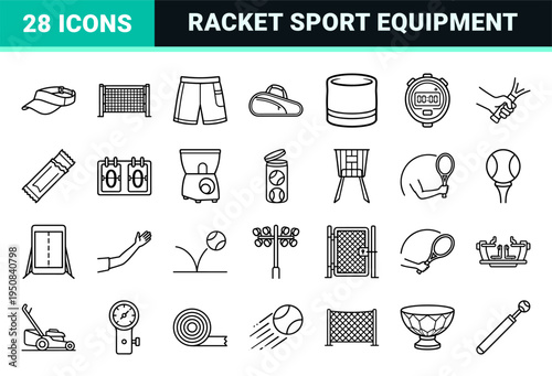 Technical Monoline Tennis Equipment Graphics for Athletic Branding and Tournament Collateral Featuring Rackets Courts and Sports Gear