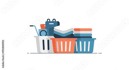 Laundry baskets overflowing with clean folded clothes and stacked linens on a cart